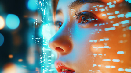 Close up of woman face illuminated by futuristic digital interface lights, evoking curiosity and innovation