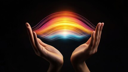 Hands Holding Vibrant Color Waves on Dark Background