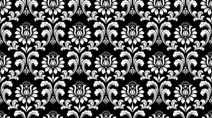 Wallpaper in the style of Baroque. Seamless vector background. White and black floral ornament. Graphic pattern for fabric, wallpaper, packaging. Ornate Damask flower ornament
