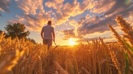 Silhouette of Man in Wheat Field at Sunset with Dramatic Sky