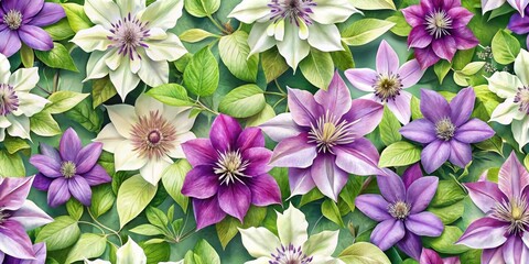 Fototapeta premium A vibrant profusion of purple and white clematis blossoms, meticulously rendered, showcasing a breathtaking array of delicate petals and lush green foliage.
