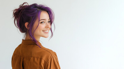 Purple hair young woman wearing brown clothes smiling isolated on white background
