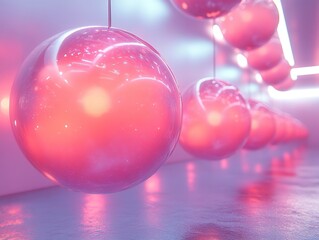 Pink sphere display in a hallway with neon lights for abstract design background