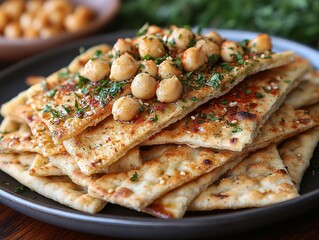 Plate of spiced chickpeas on flatbread, herbs, other plate, wood surface, studio food shot