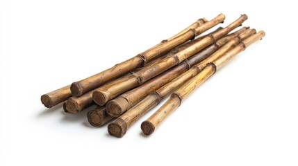 A Pile of Dried Brown Bamboo Sticks on White Background