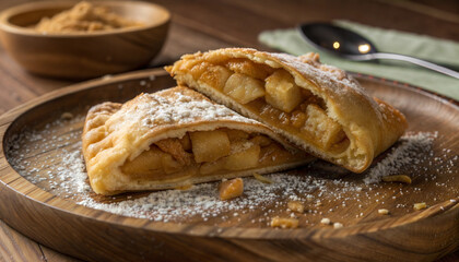 Apple turnovers with powdered sugar on wooden plate
