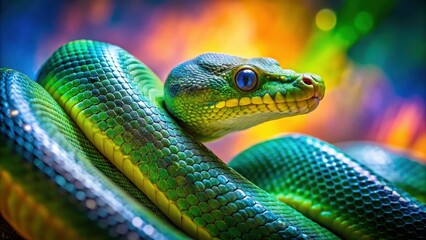 Fototapeta premium Emerald Green Serpent, a Close-Up of Scales and Eyes, Shows Vibrant Colors and Intricate Detail
