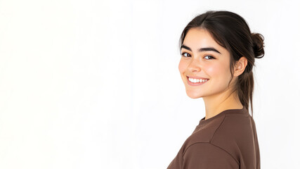 Australian young woman wearing brown clothes smiling isolated on white background