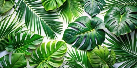 Lush Tropical Foliage - Monstera Leaves and Palm Fronds on White Background for Stunning Drone Photography