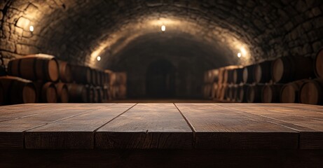 Wooden Table in a Rustic Wine Cellar