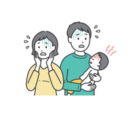 急な発熱をした子供を抱いて焦る若い父親とオロオロする母親
