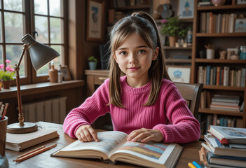 The Little Girl Reading a Book in a Cozy Room