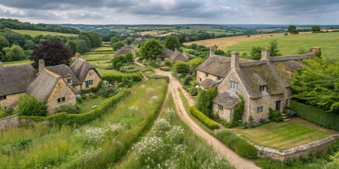 Naklejka premium Peaceful countryside village with thatched roof houses and lush greenery under a cloudy sky in the afternoon light