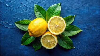 Macro Lemon Slice Photography: Vibrant Citrus, Green Leaves, Blue Background, Soft Shadows