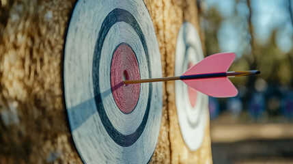 Shooting target with arrow in the center, placed in the middle of the forest