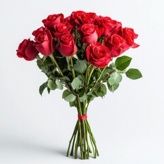 Fototapeta premium Beautiful Red Roses Bouquet with Fresh Green Leaves on White Background