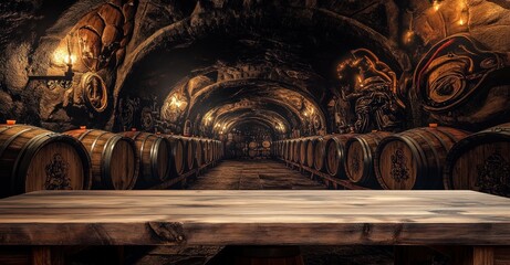 Mystic Wine Cellar: Wooden Table in an Ancient Cave with Wine Barrels