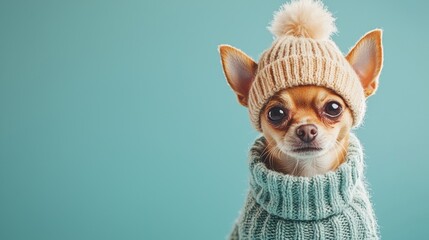 Charming chihuahua dog in winter cozy scene blue background