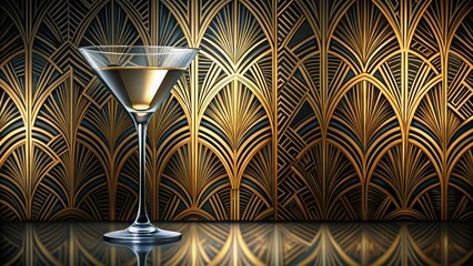 A sophisticated cocktail glass filled with a golden beverage sits elegantly before a striking art deco-inspired wall design.