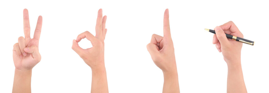 Set of Asian male hand gestures to show symbols, isolated on white background