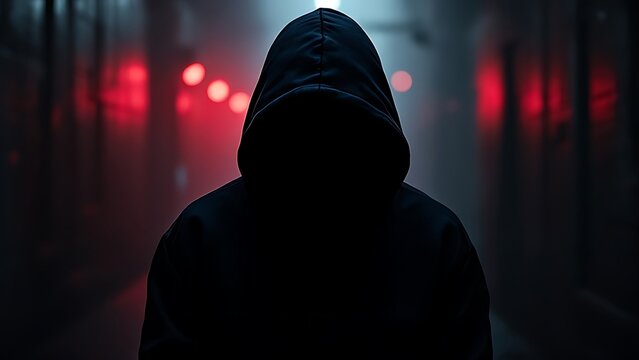 Hacker or scammer character in the dark with their face obscured by the hood, standing under dim red lighting