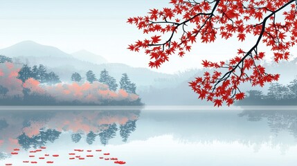 Serene autumn leaves at blue lake tranquil forest reflection