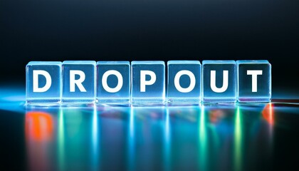 脱落を意味する英語のフレーズDROP OUTの文字が書かれた透明なキューブブロック。 aiで生成	