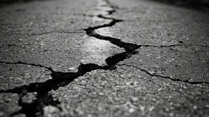 Cracked asphalt road surface, dark background, potential earthquake damage