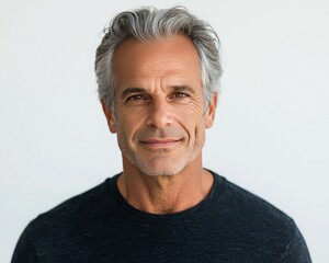 Obraz premium A mature man with gray hair smiles confidently against a neutral background, exuding warmth and approachability.
