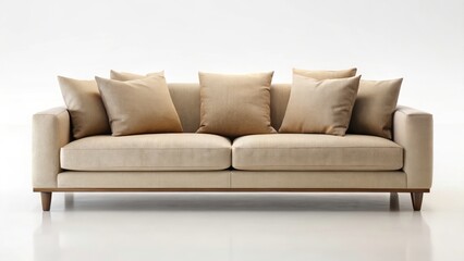 Fototapeta premium Minimalist Beige Sofa, Brown Cushions, White Background - Modern Interior Design Photography
