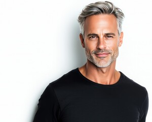 Fototapeta premium A confident man with silver hair smiles against a neutral background, showcasing a relaxed yet stylish appearance in a black shirt.