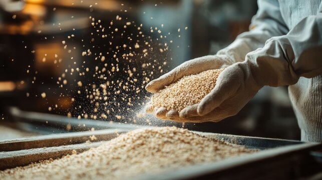 Gloved hands pour grains, dust motes floating. Illustrates grain processing, harvest, or food production.