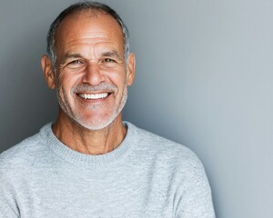A cheerful older man smiles warmly, showcasing a friendly demeanor against a soft gray background.