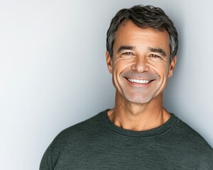 Obraz premium A smiling man in a gray shirt stands against a light background, radiating warmth and positivity through his expression.