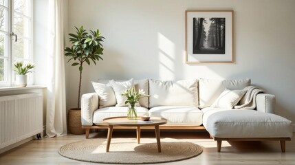 Serene Living Room with Neutral Tones and Natural Light, Featuring a Comfortable Sectional Sofa, Wooden Coffee Table, and Lush Greenery