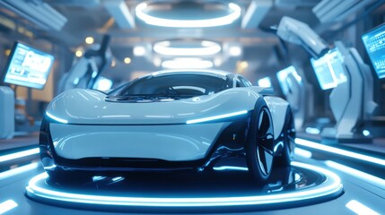 Fototapeta premium Futuristic white electric sports car on a rotating platform in a high-tech garage.