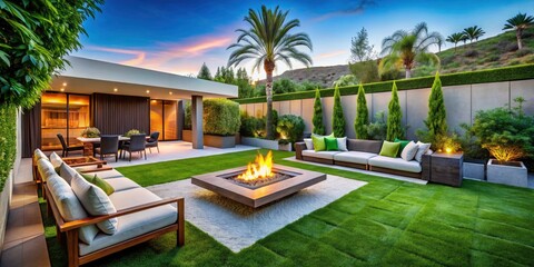 Fototapeta premium Modern Backyard Design: Artificial Grass, Fire Pit, Luxury Home Seating