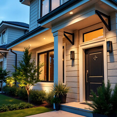 Obraz premium Modern House Exterior at Night: Architectural Design and Landscaping