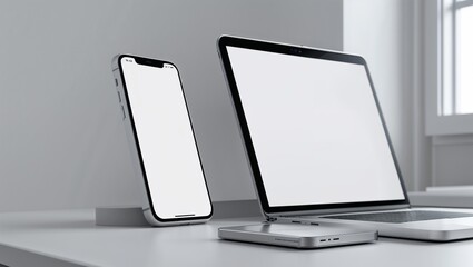 Modern smartphone and laptop with blank screens on white desk