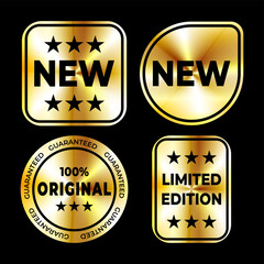 Set of holographic labels. Gold Hologram stickers of different shapes with text stamps. Marketing Labels.
