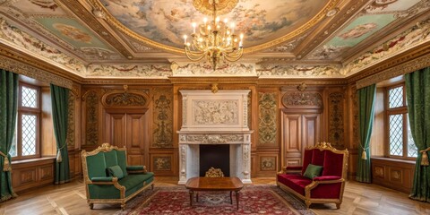 Obraz premium Elegant interior design features ornate ceiling and antique furniture in a historic room