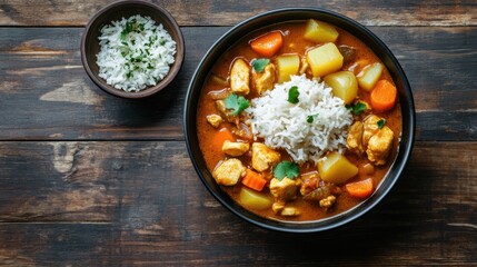 A hearty bowl of chicken and vegetable curry with tender chunks of chicken, potatoes, and carrots