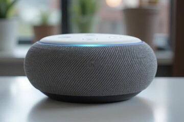 Grey fabric covered smart speaker device on white surface