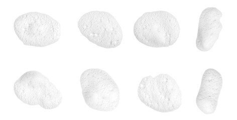 Set of white soap bubbles, shampoo or shower gel, isolated on white background. Textured and contrasting background. Soap bubbles in the bath, shaving cream gel, bubble bath.