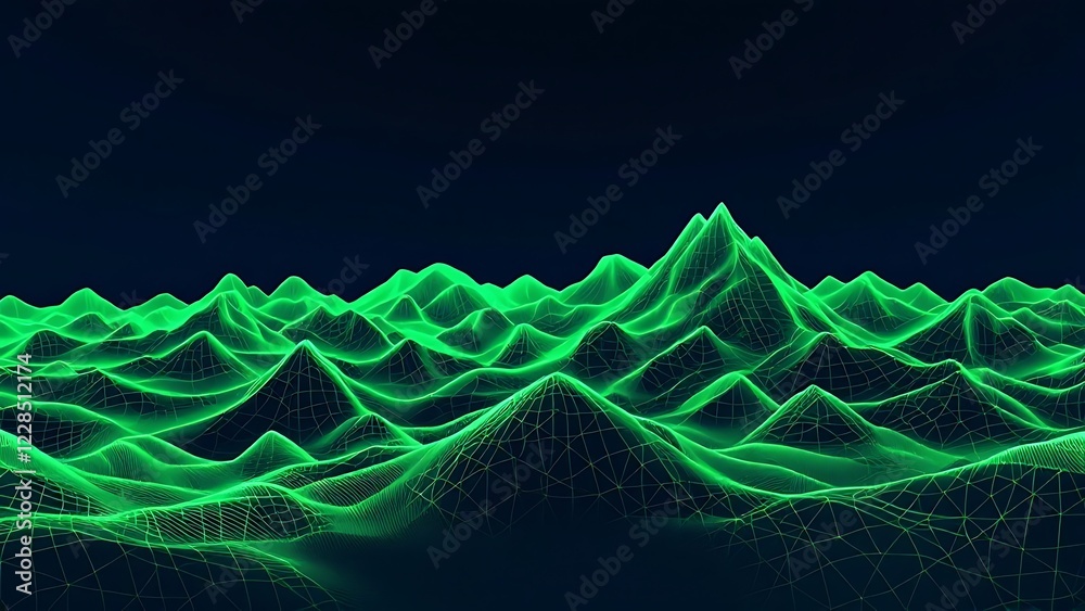 Poster abstract black dark background with green dots and lines, creating a wave pattern on the surface of 