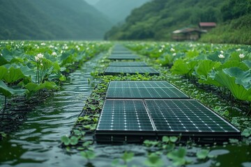 Solar panels on water, green mountains behind, calm water for renewable energy