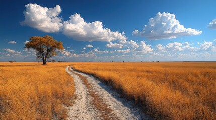 Fototapeta premium Scenic Savanna Landscape with Golden Grass and a Single Tree under a Bright Sky