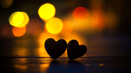 Fototapeta premium Two heart shapes with warm bokeh lights in background