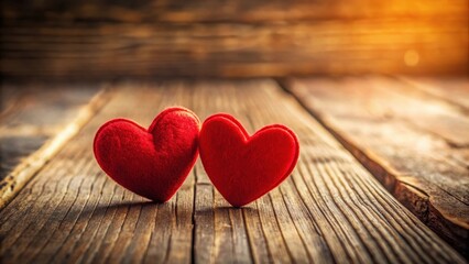 A close-up of two red hearts on a wooden background with subtle texture and warm lighting, conveying love and affection in a cozy atmosphere, love, valentines day