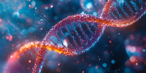 Futuristic 3D rendering of DNA strand, Abstract glowing double helix structure in scientific visualization